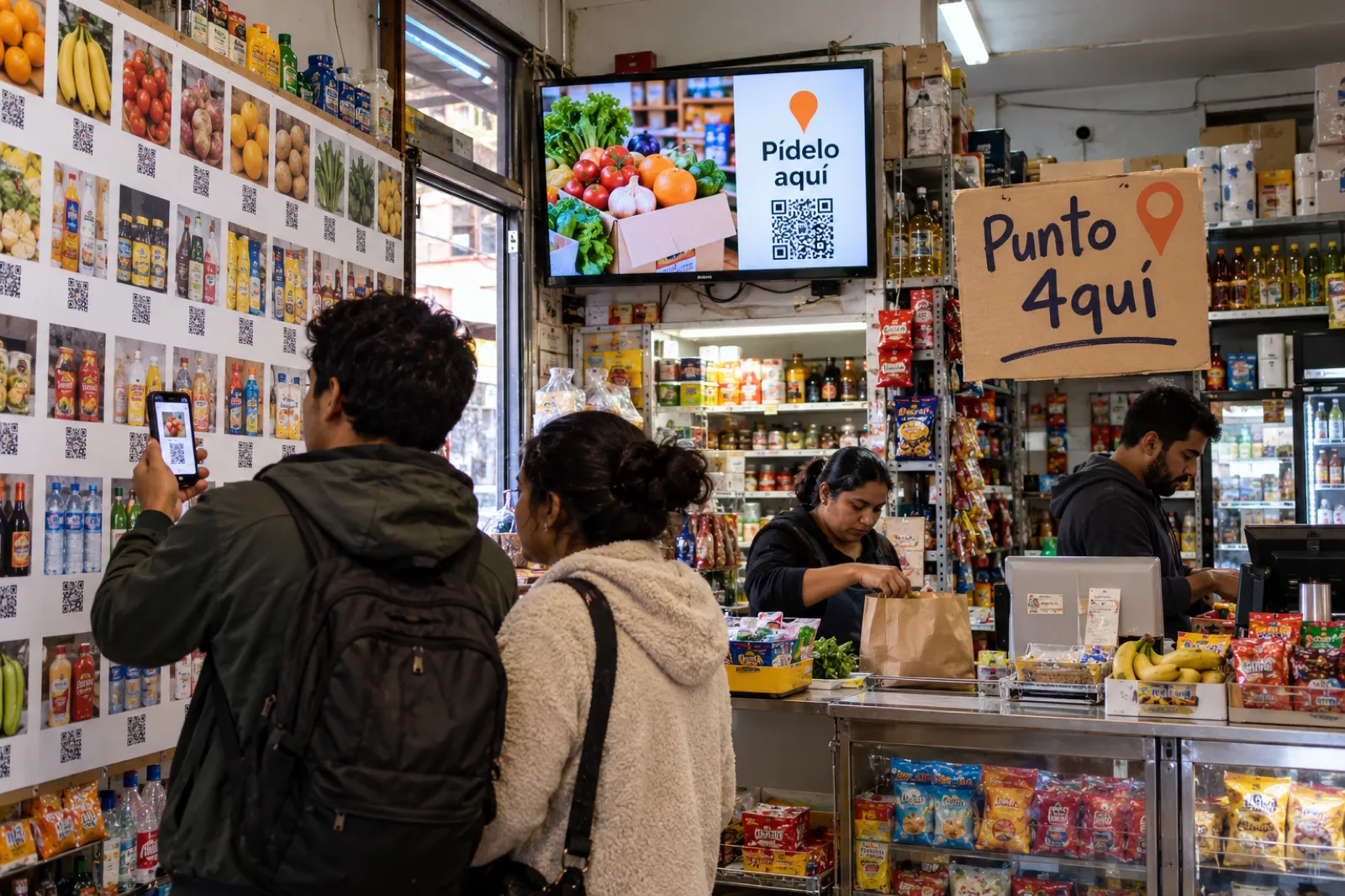 Minimarket de barrio convertido en Punto 4quí, con lineal fotográfico y tele