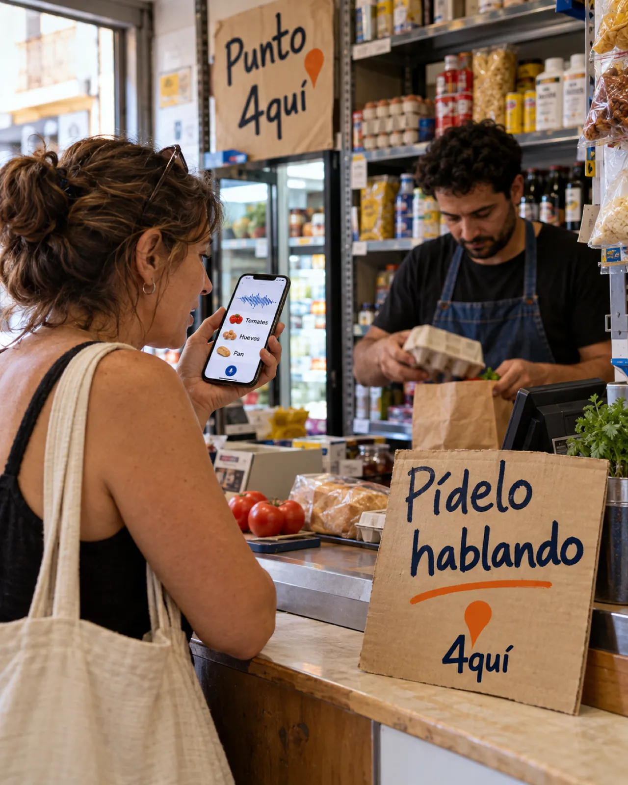 Una clienta pide hablando al móvil en el mostrador de un Punto 4quí