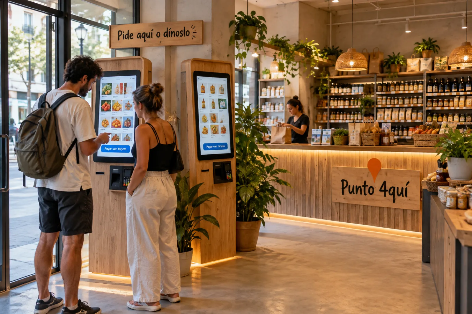 Punto 4quí moderno con pantallas de autoservicio para pedir